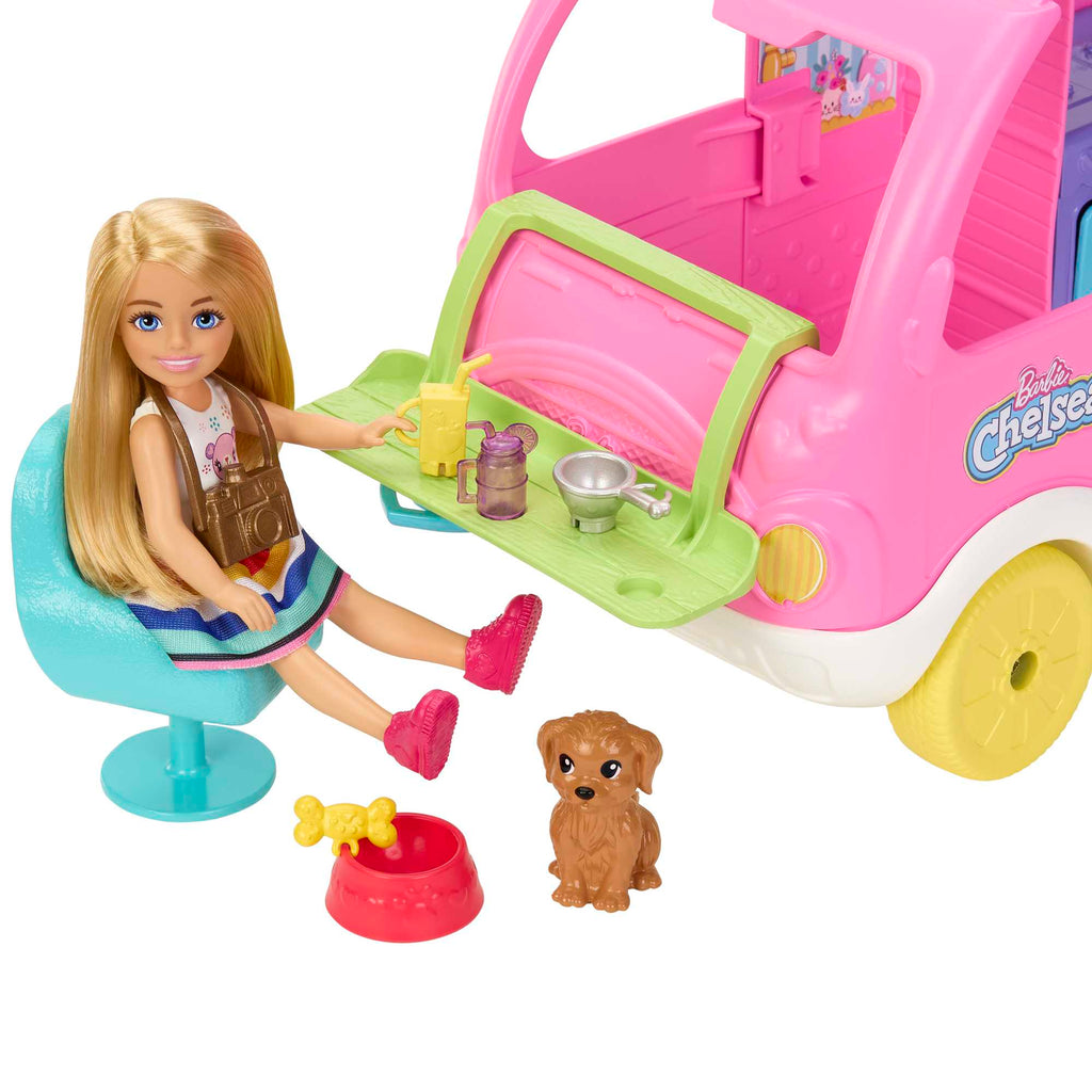 Barbie Chelsea 2-In-1-Camper-Spielset Mit Kleiner Chelsea-Puppe, 2 Haustieren Und 15 Zubehörteilen